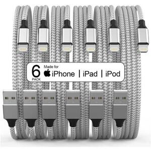 Apple MFi Certified 6Pack 3/3/6/6/6/10 FT iPhone Charger Silver/White